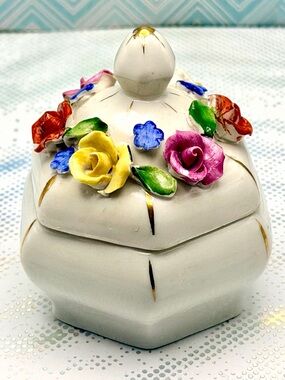 Porcelain Floral Accent Trinket Box - White with Multicolor Flowers